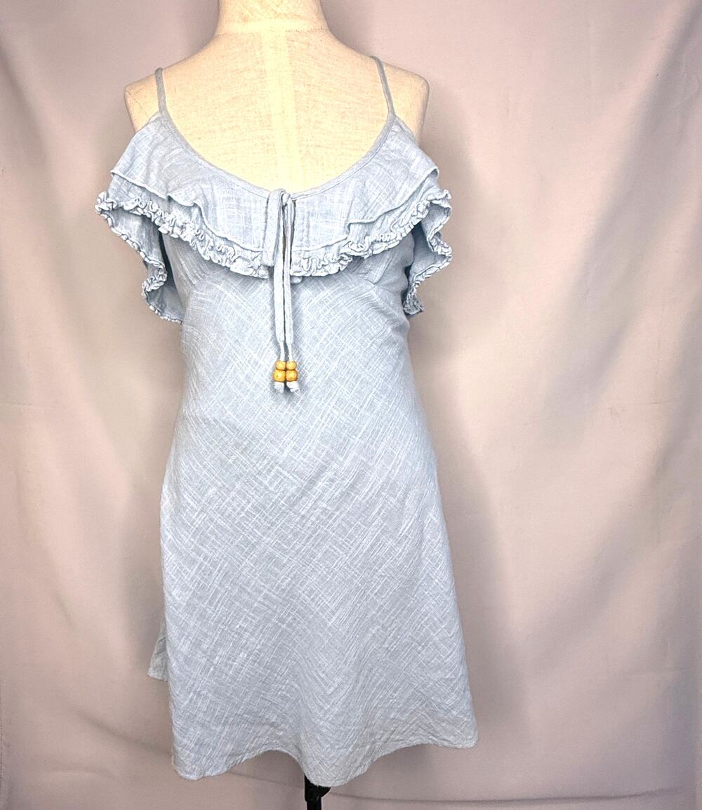 Free People Light Blue‎ Ruffle Mini Dress Strappy Open Back Linen Cotton XS
